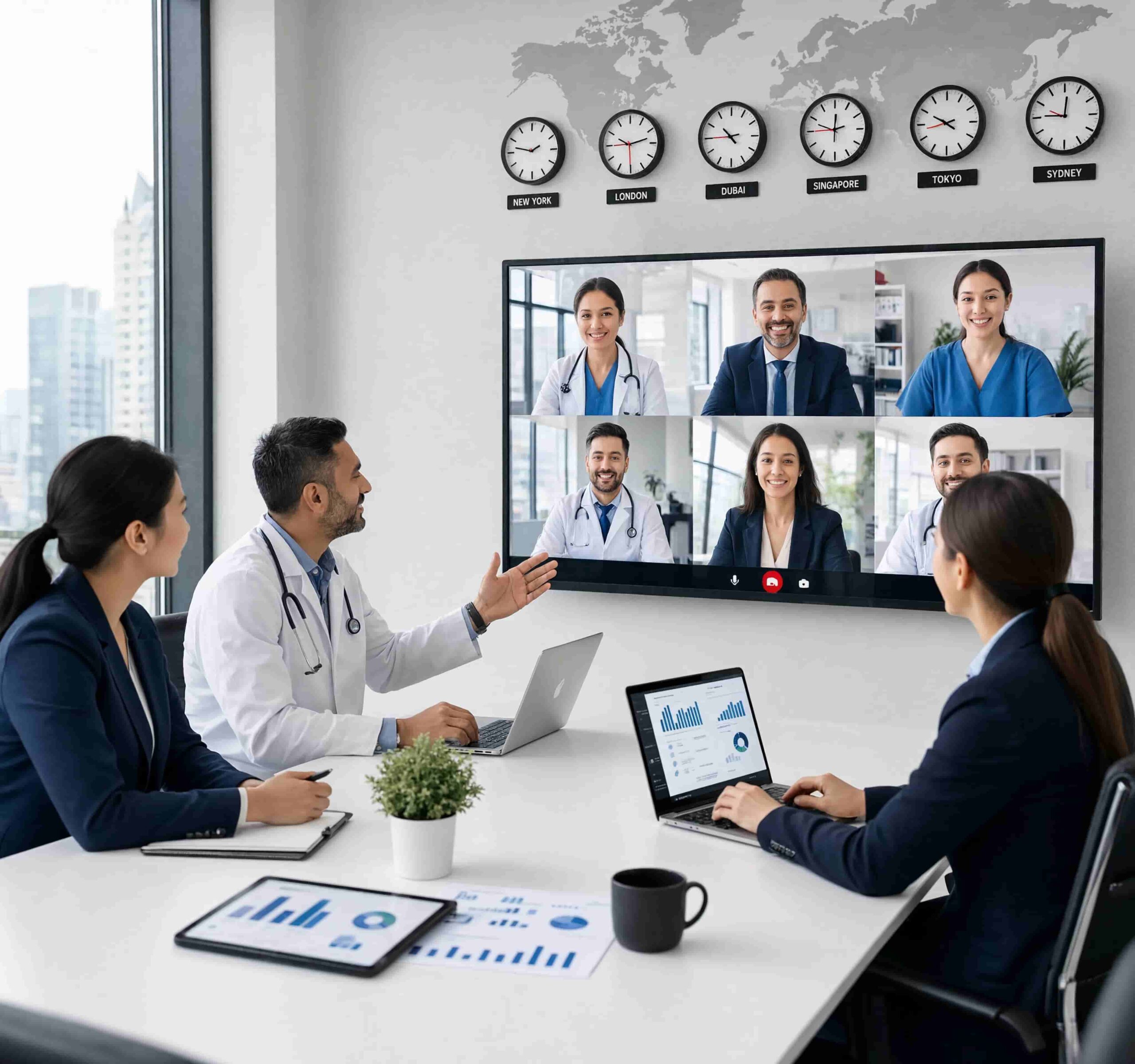 Healthcare team on a video call with offshore staff across time zones