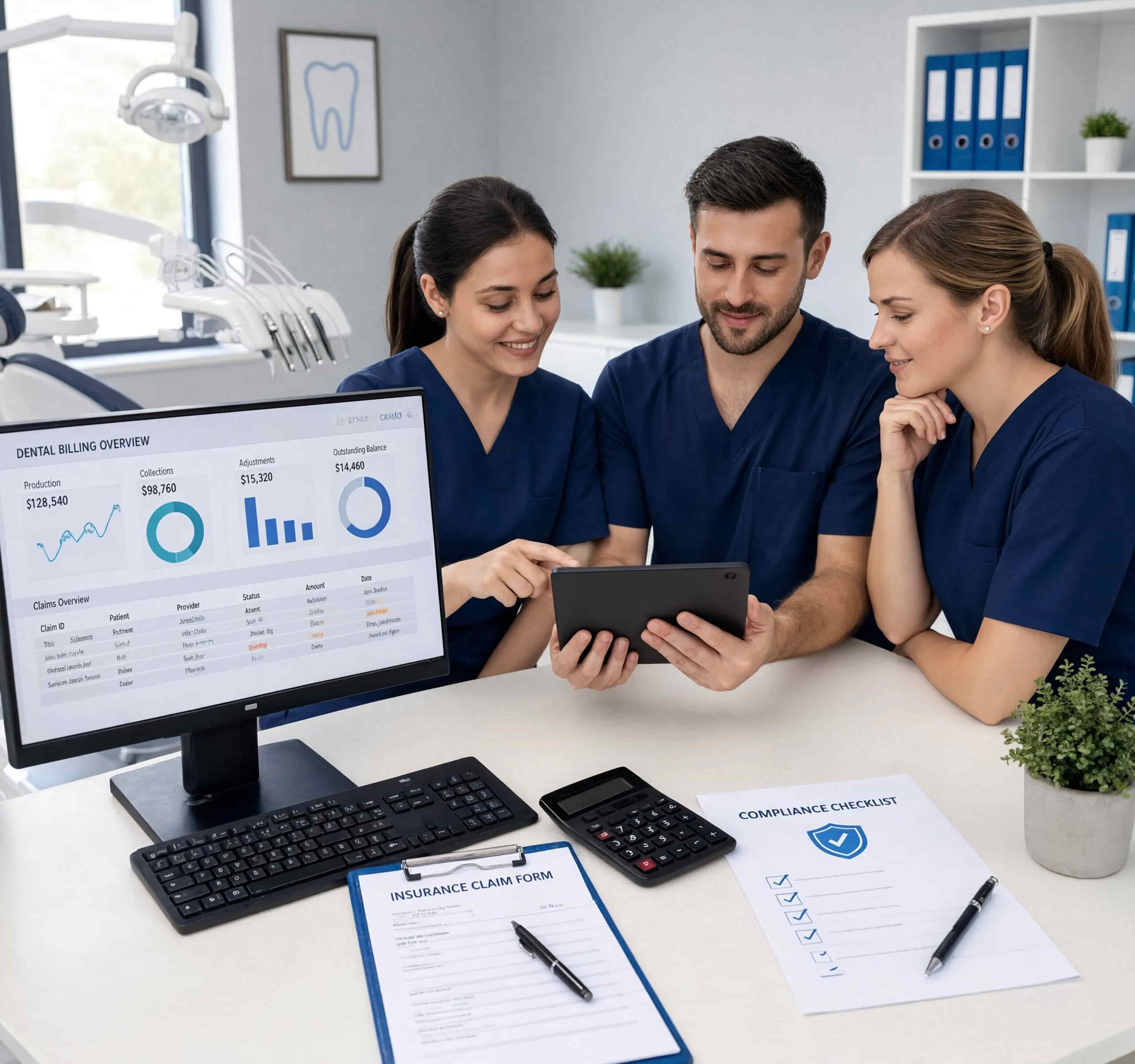 Dental care team reviewing billing, compliance, and claims data