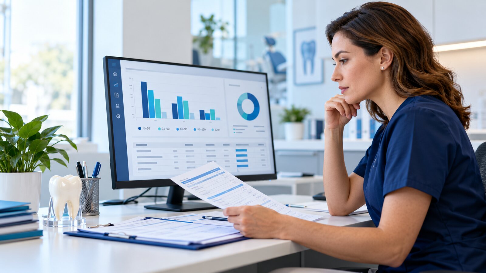 Dental practice manager reviewing an accounts receivable aging report
